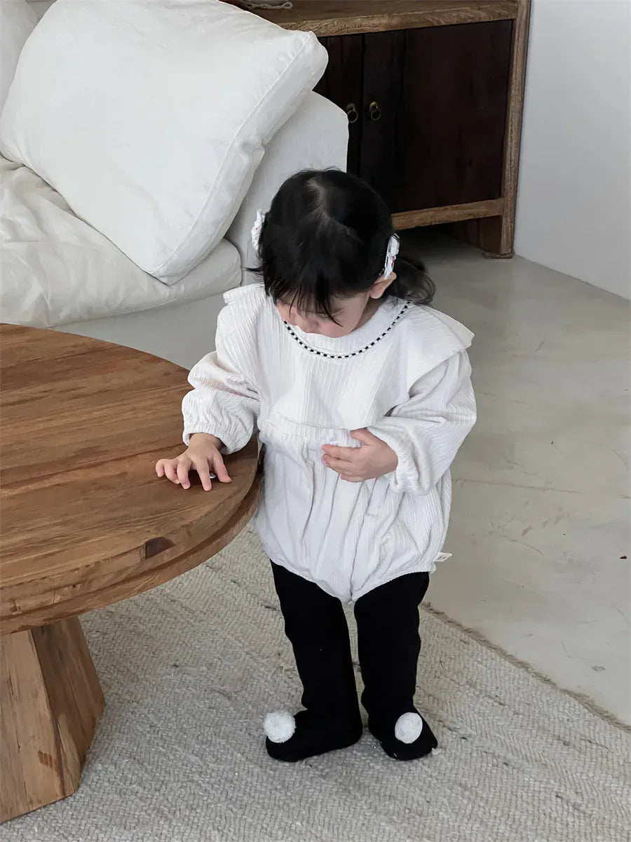 長袖ロンパース White / 6M  66CM ベビーロンパース ビッグ襟裏フリース長袖ボディスーツ【mh0008414】