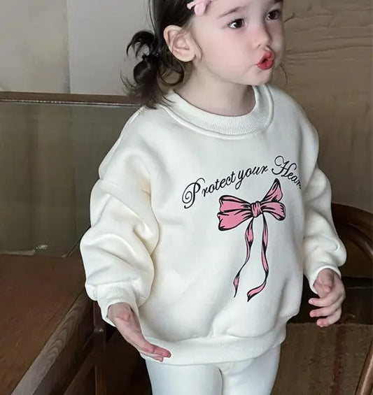 トレーナー・フーディ white bow fleece top / 9M  73CM ベビーキッズトップス リボン/ベアくまプリント裏フリース長袖スウェットプルオーバートレーナー【mh0007734】