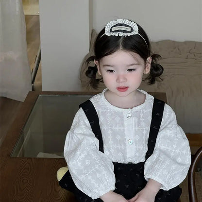 長袖セットアップ white shirts / 9M  73CM ベビートップス/パンツ プリント長袖パフスリーブブラウス/サスペンダーフリルスカートブルマパンツ【mh0008721】