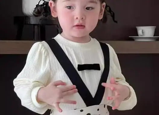 長袖セットアップ white tops / 9M  73CM ベビートップス/パンツ 長袖パフスリーブTシャツ/サスペンダーロングレギンスパンツ【mh0008344】