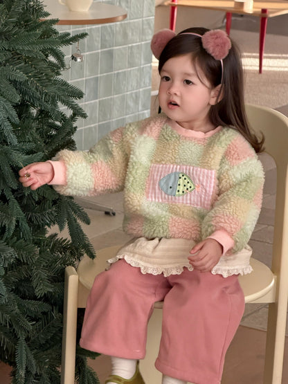 長袖セットアップ Wool sweater / 73cm カラフルチェックボアスウェット/裏フリースパンツ【mh0011930】