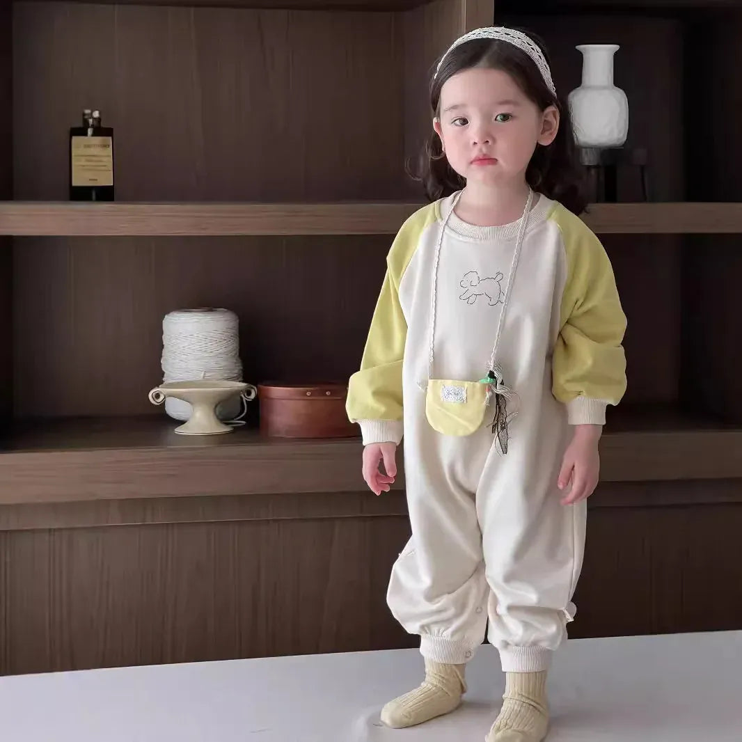 長袖ロンパース Yellow / 6M  66CM ベビーロンパース パッチワーク長袖ジャンプスーツ【mh0008345】