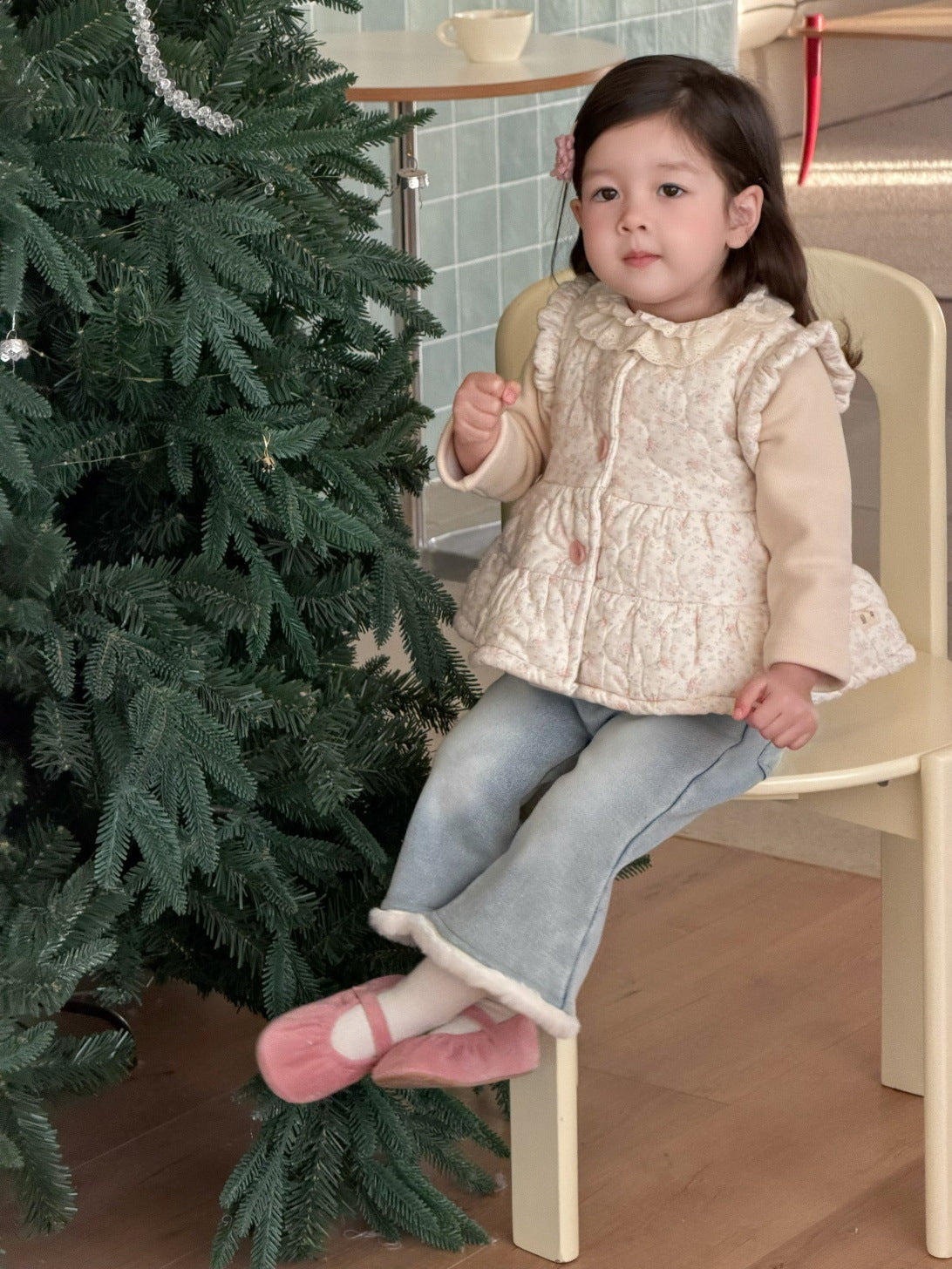 Plus fleece bottoming shirt / 73cm フリルエッジベスト/長袖Tシャツ/裏フリースデニムパンツ【mh0011936】