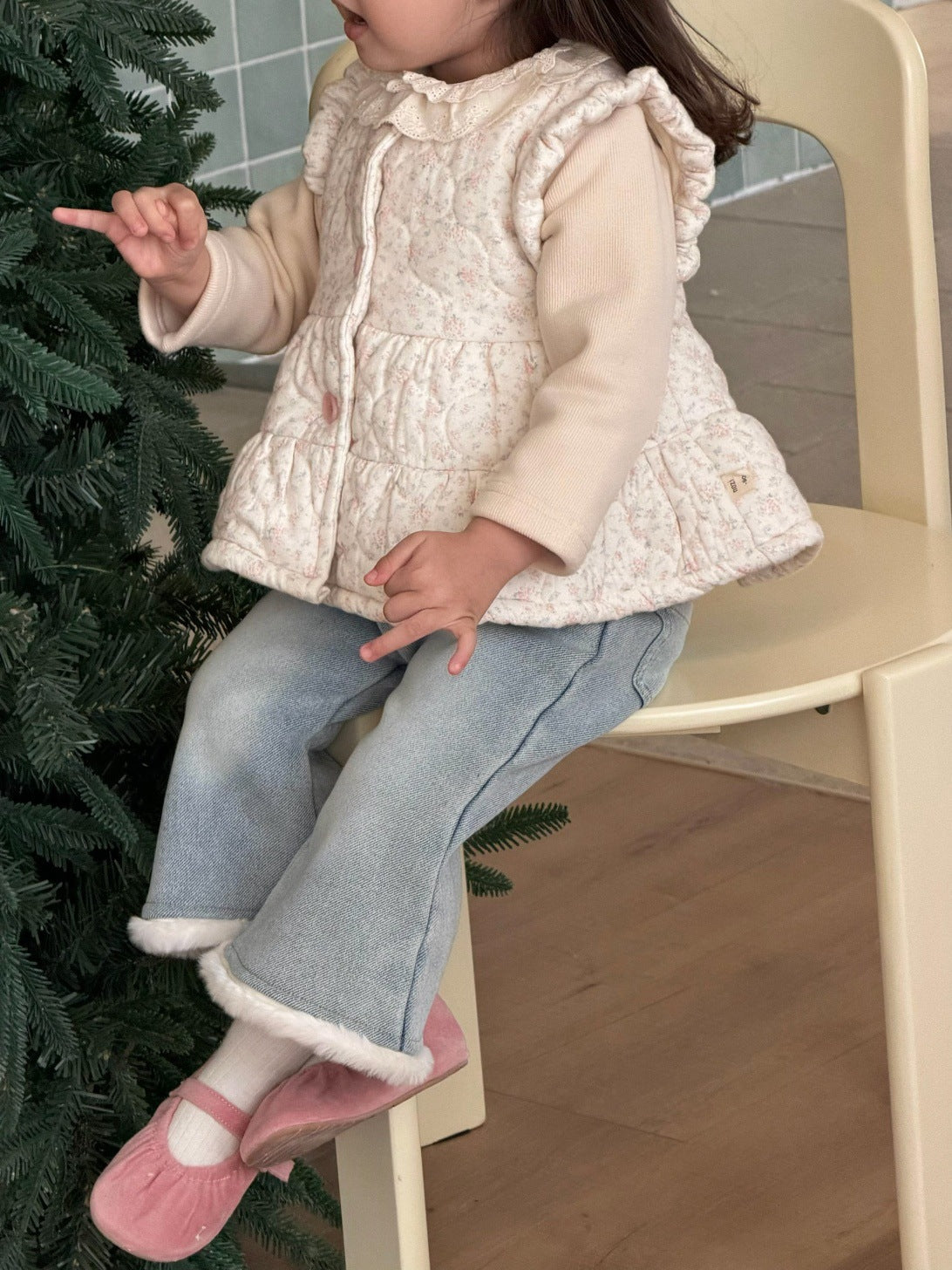 Plush jeans / 73cm フリルエッジベスト/長袖Tシャツ/裏フリースデニムパンツ【mh0011936】