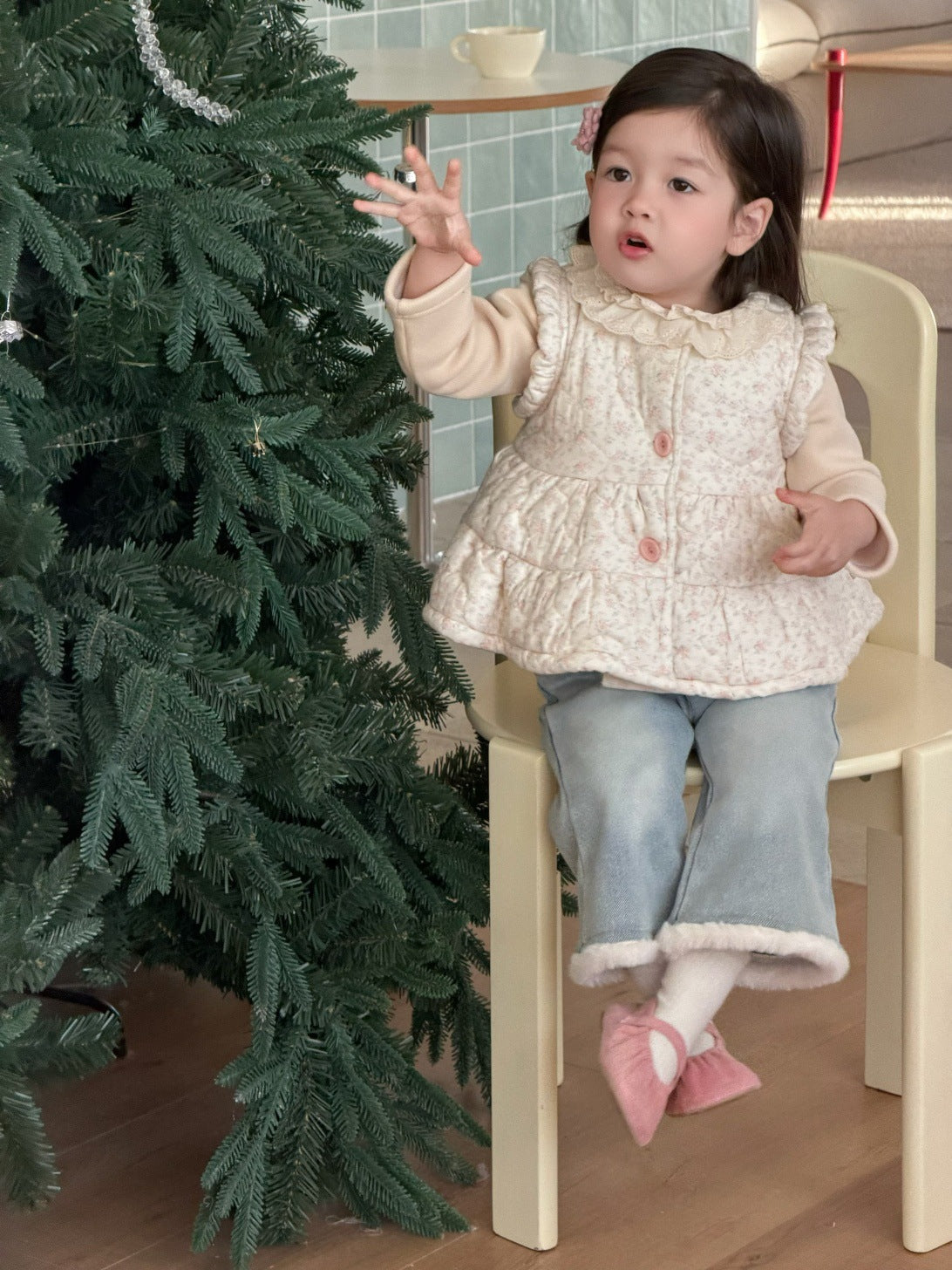 フリルエッジベスト/長袖Tシャツ/裏フリースデニムパンツ【mh0011936】