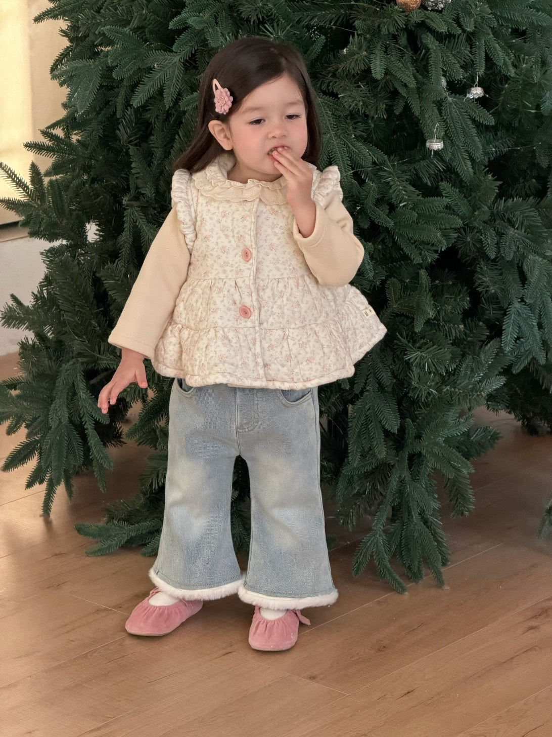 フリルエッジベスト/長袖Tシャツ/裏フリースデニムパンツ【mh0011936】