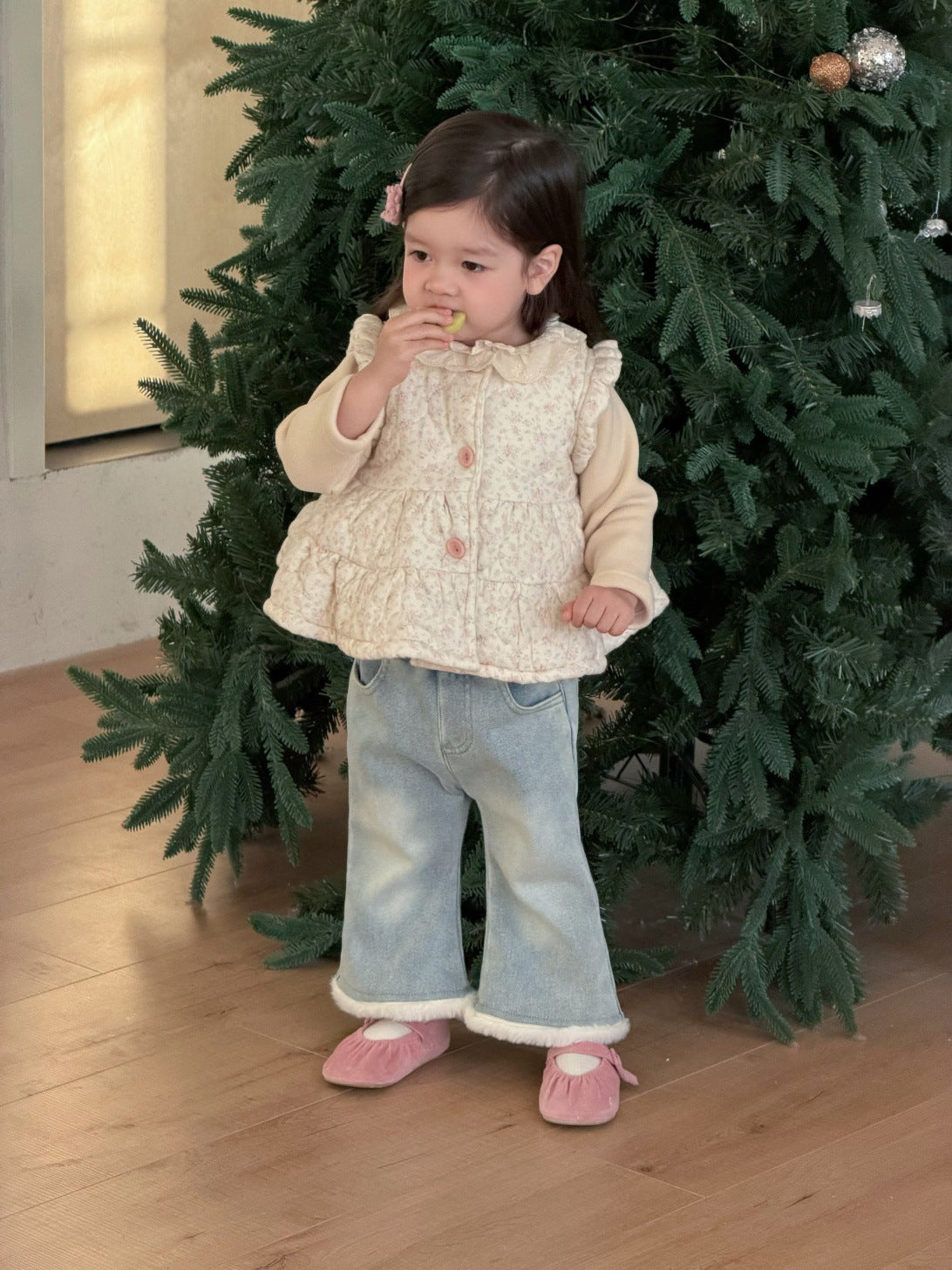 フリルエッジベスト/長袖Tシャツ/裏フリースデニムパンツ【mh0011936】