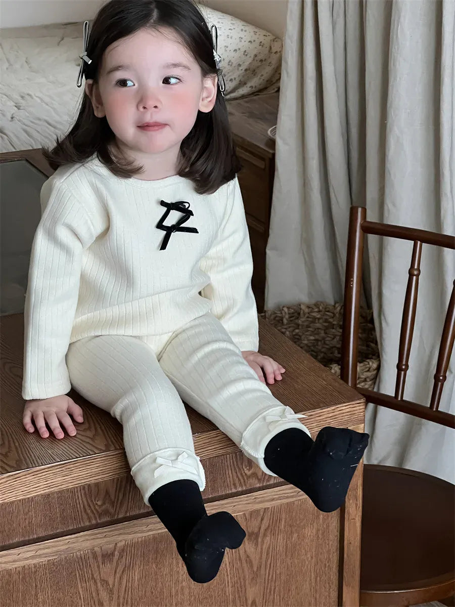 長袖Tシャツ ベビーキッズトップス リボン裏フリース長袖リブTシャツカットソー【mh0008429】