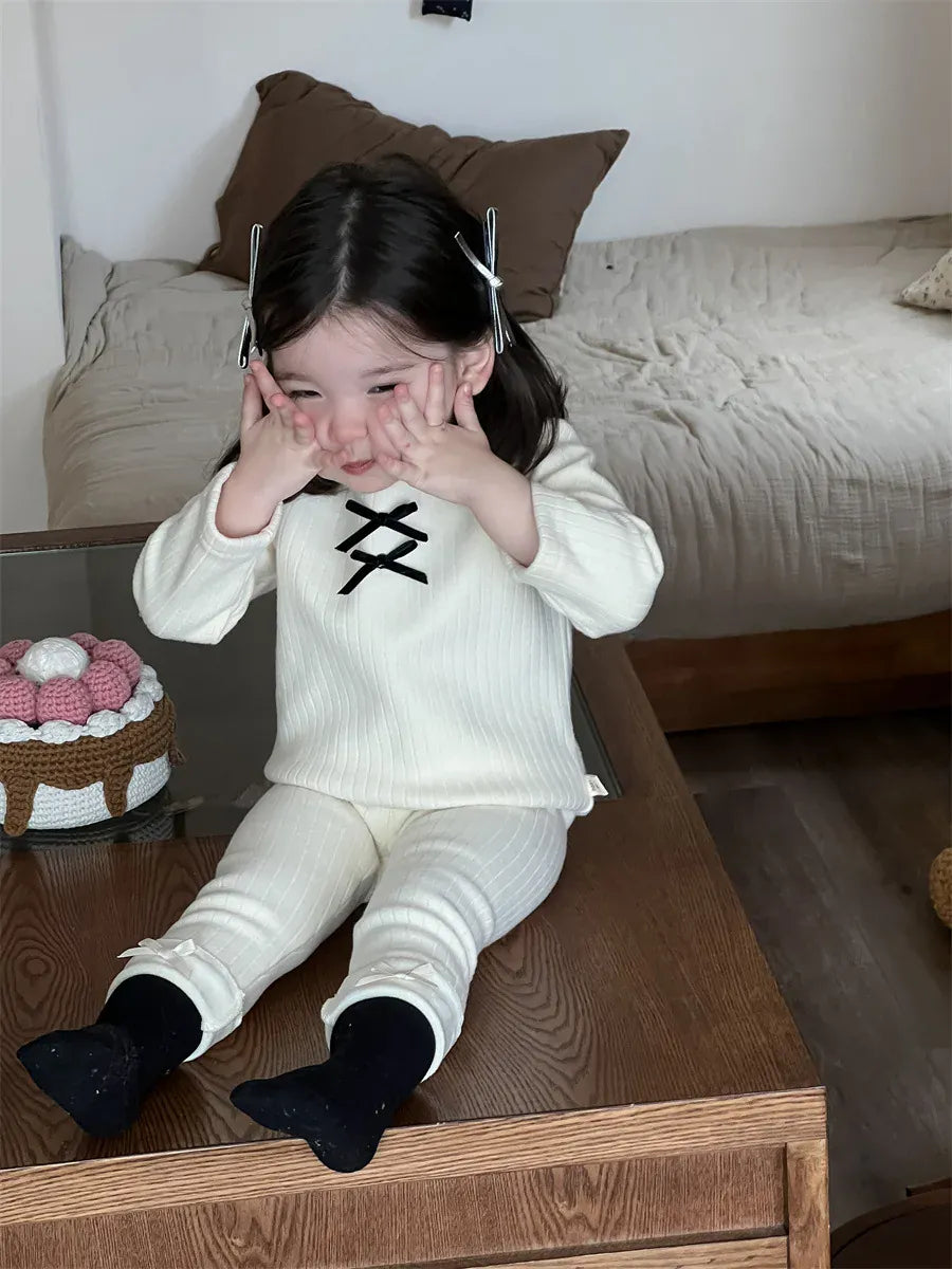 長袖Tシャツ ベビーキッズトップス リボン裏フリース長袖リブTシャツカットソー【mh0008429】