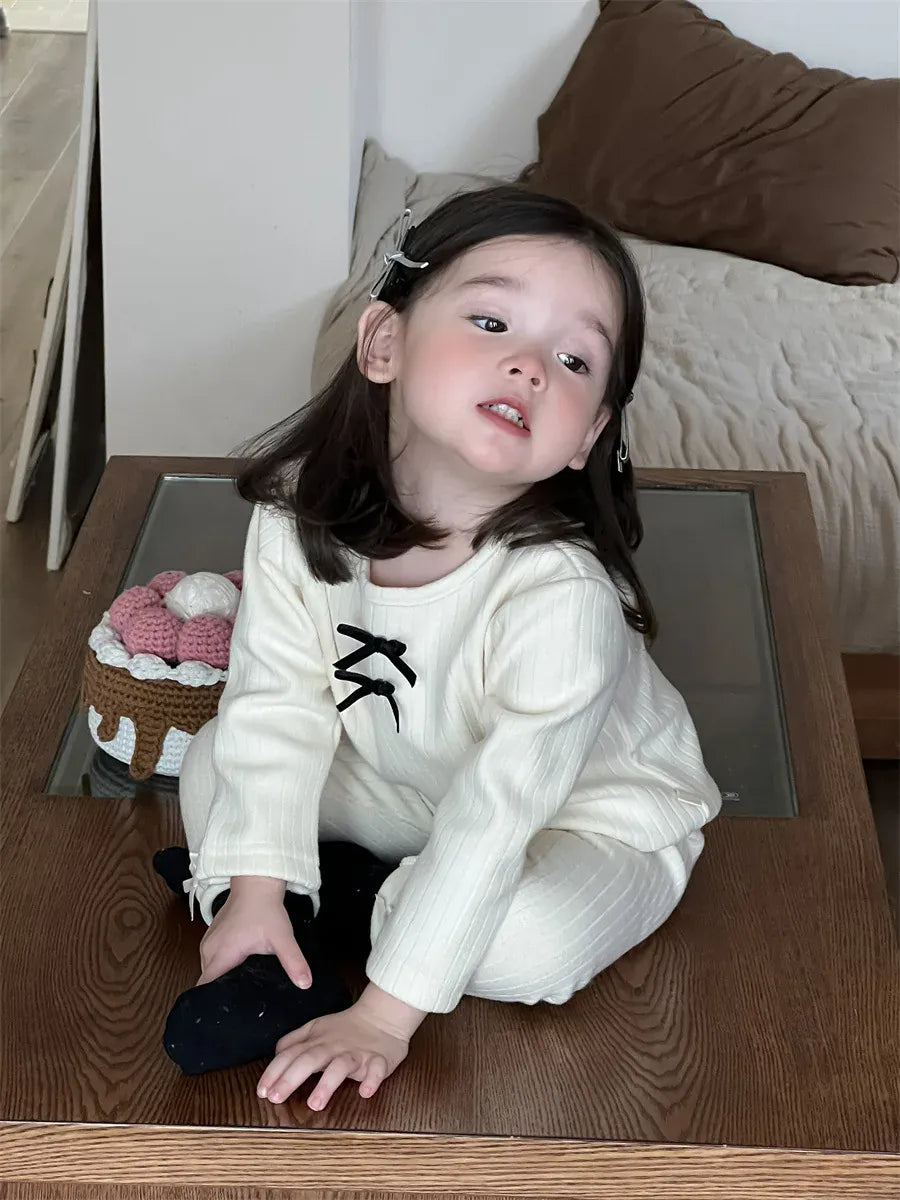 長袖Tシャツ ベビーキッズトップス リボン裏フリース長袖リブTシャツカットソー【mh0008429】