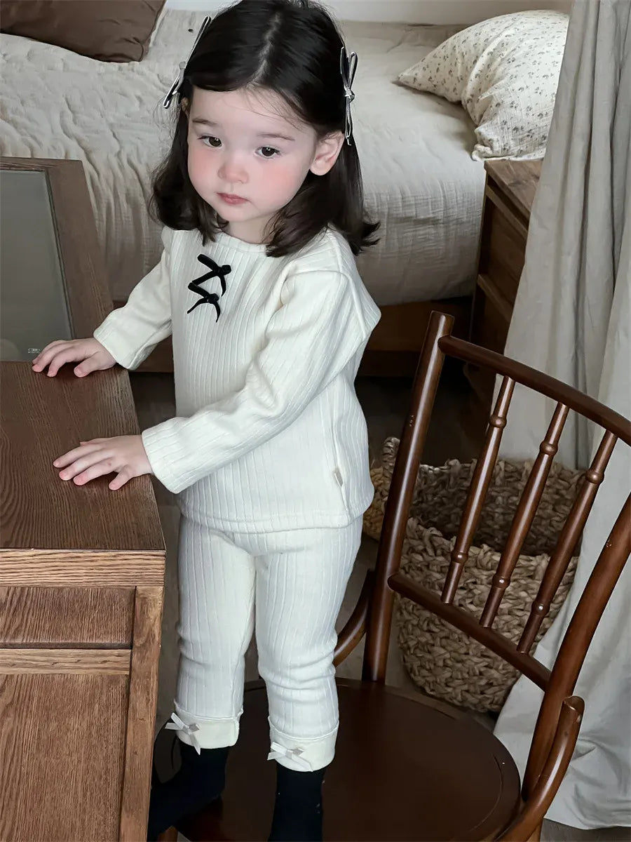 長袖Tシャツ ベビーキッズトップス リボン裏フリース長袖リブTシャツカットソー【mh0008429】