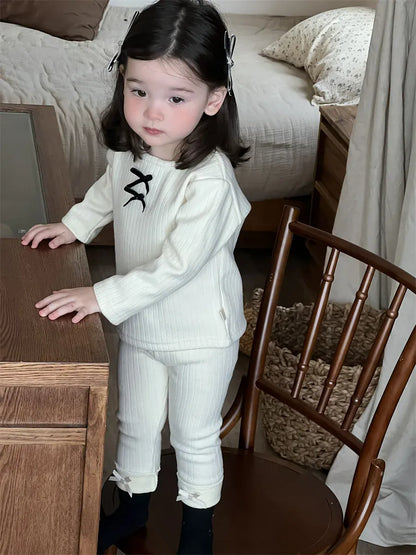 長袖Tシャツ ベビーキッズトップス リボン裏フリース長袖リブTシャツカットソー【mh0008429】