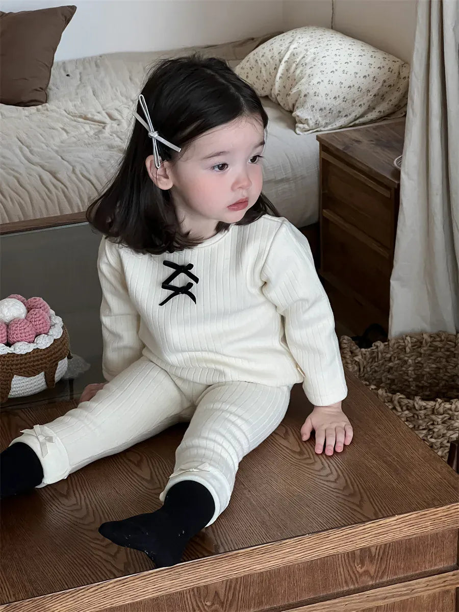 長袖Tシャツ ベビーキッズトップス リボン裏フリース長袖リブTシャツカットソー【mh0008429】