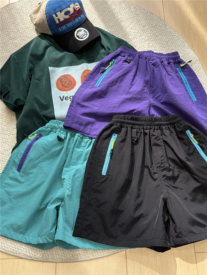ジップ付きショートパンツ3色セット、伸縮ウエストとカラフルジップ