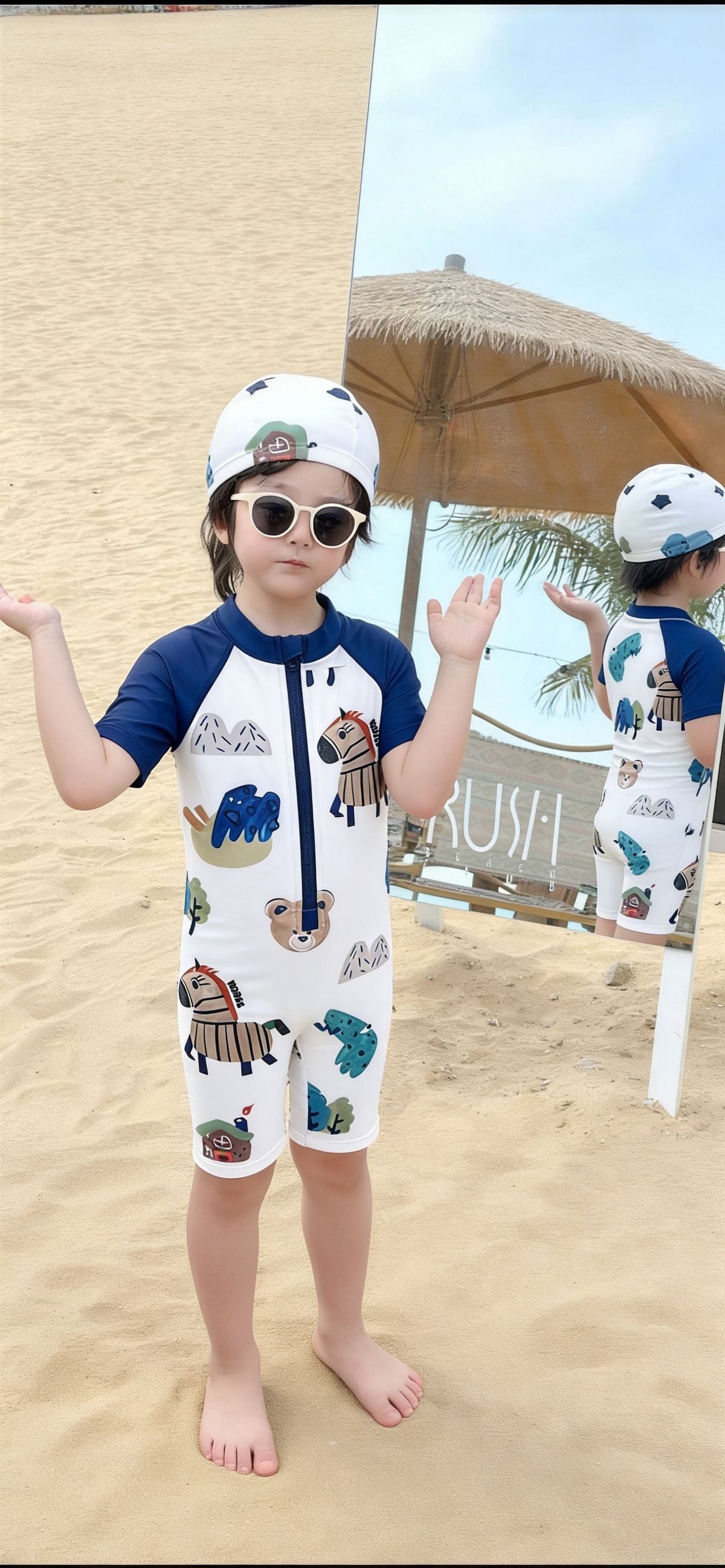 One-Piece Short-Sleeve Animals Swimwear アニマル 半袖スイムウェア 水着【mh0013331】 mamahalo kids ベビー用水着