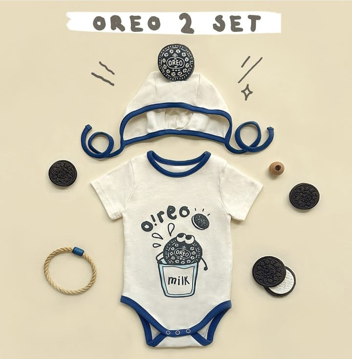 Oreo Milk Print Romper Bonnet Set クッキー 半袖ロンパース 帽子 セット【mh0013389】 Beige / 66cm TOMMY'S GIFTS 半袖ロンパース