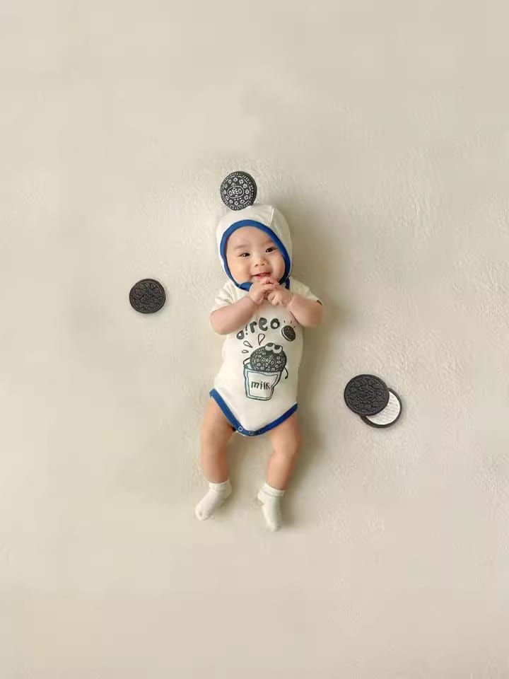 Oreo Milk Print Romper Bonnet Set クッキー 半袖ロンパース 帽子 セット【mh0013389】 TOMMY'S GIFTS 半袖ロンパース