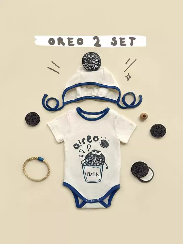 Oreo Milk Print Romper Bonnet Set クッキー 半袖ロンパース 帽子 セット【mh0013389】 TOMMY'S GIFTS 半袖ロンパース
