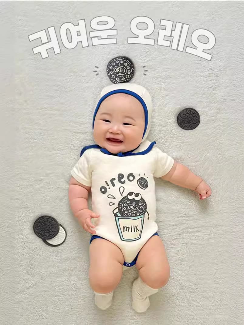 Oreo Milk Print Romper Bonnet Set クッキー 半袖ロンパース 帽子 セット【mh0013389】 TOMMY'S GIFTS 半袖ロンパース