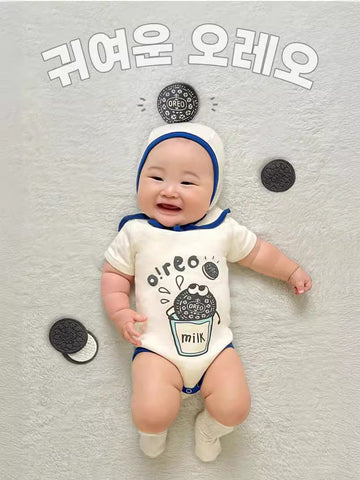 Oreo Milk Print Romper Bonnet Set クッキー 半袖ロンパース 帽子 セット【mh0013389】 TOMMY'S GIFTS 半袖ロンパース