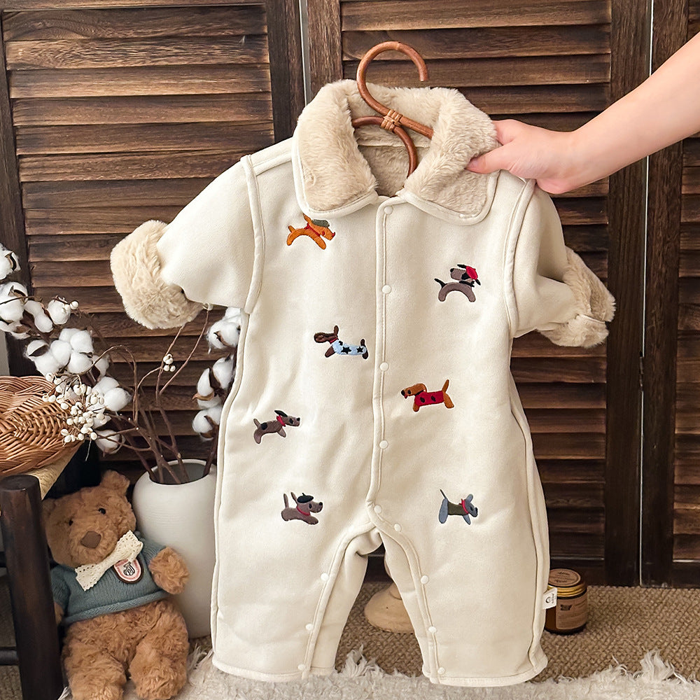 アウタージャンプスーツ Beige / 66cm アウタージャンプスーツ 犬刺繍 ボア襟 フェイクムートン カバーオール【mh0011694】