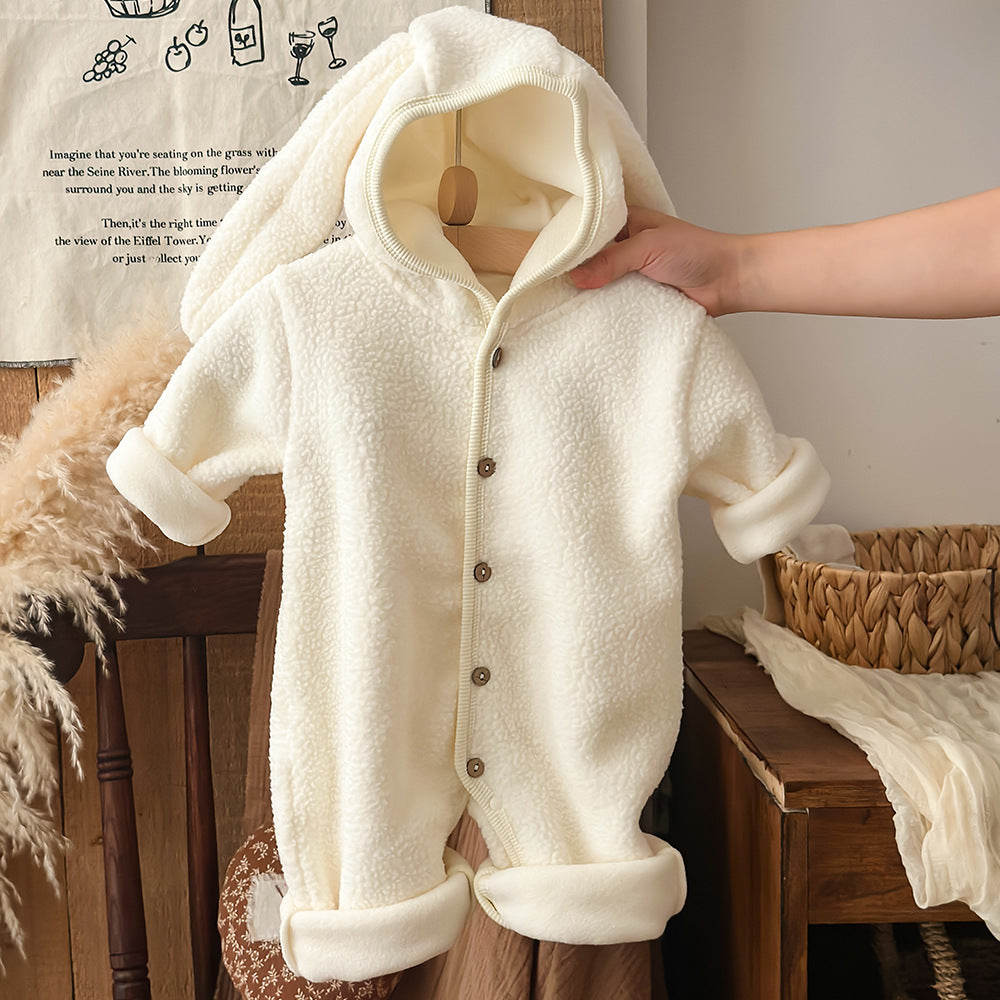 長袖ロンパース Beige White / 66cm フーディロンパース うさ耳 フード付 ボア 厚手 モコモコ カバーオール【mh0011689】