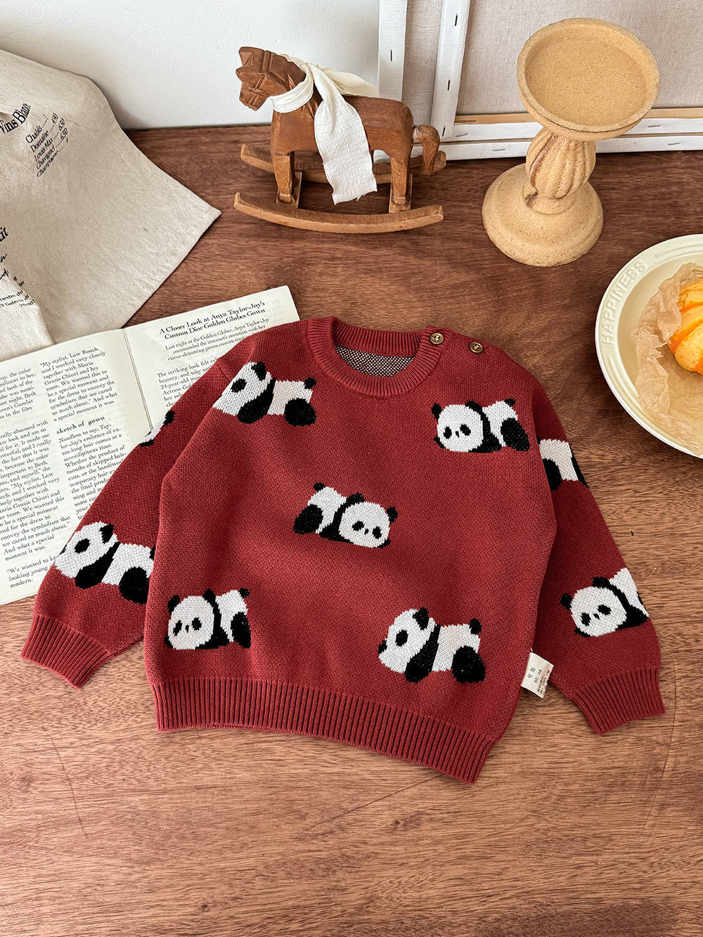 ニット・セーター Dark Red / 80cm ニットセーター パンダ柄 厚手 クルーネック カジュアル トップス【mh0011691】