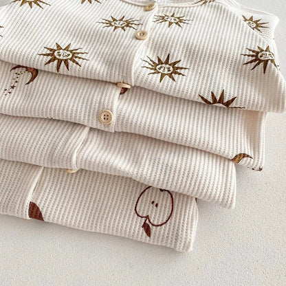 長袖パジャマ キッズパジャマセット りんご 幾何学プリント柄 ワッフル 長袖ルームウェア【mh0003575】