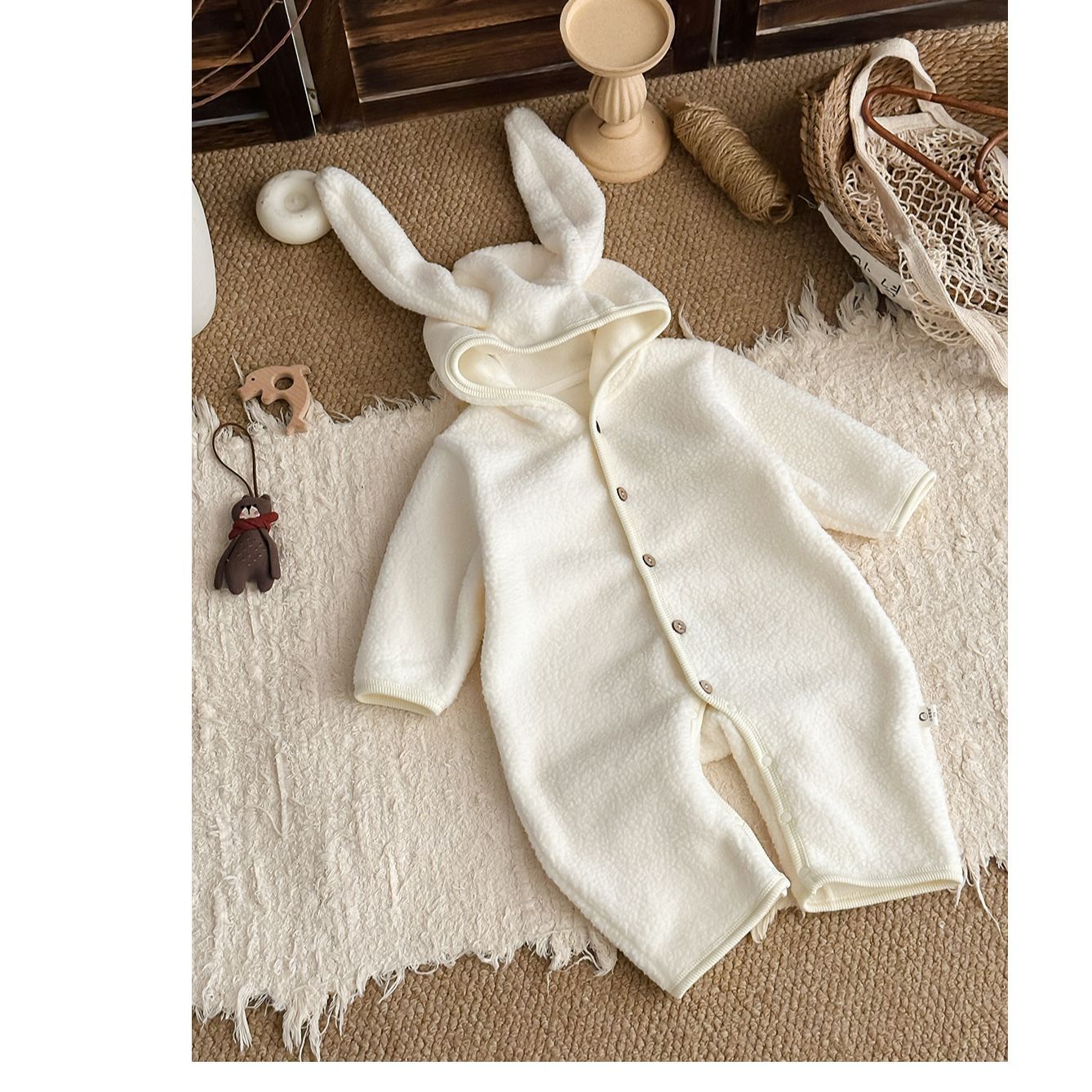 長袖ロンパース フーディロンパース うさ耳 フード付 ボア 厚手 モコモコ カバーオール【mh0011689】