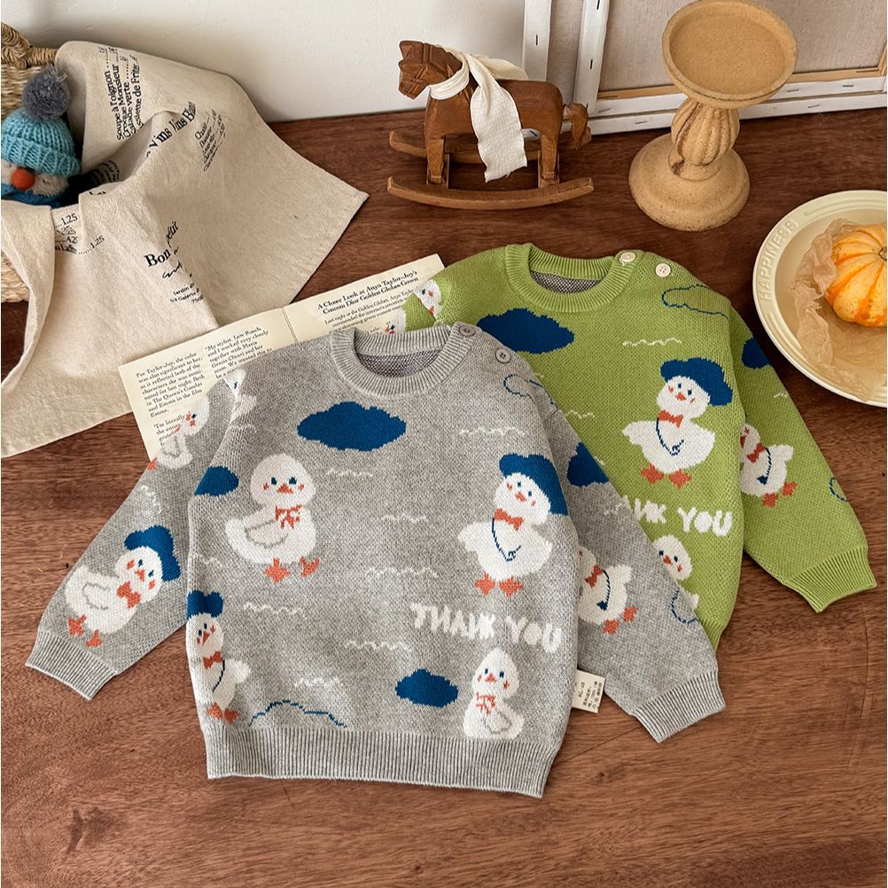 ニット・セーター ニットセーター アヒル柄 厚手 クルーネック コットン ルーズフィット【mh0011690】