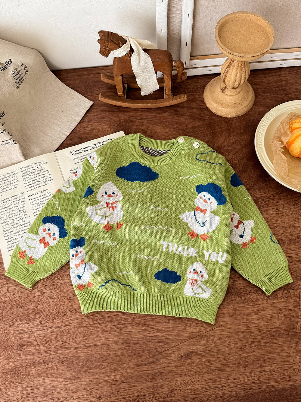 ニット・セーター ニットセーター アヒル柄 厚手 クルーネック コットン ルーズフィット【mh0011690】