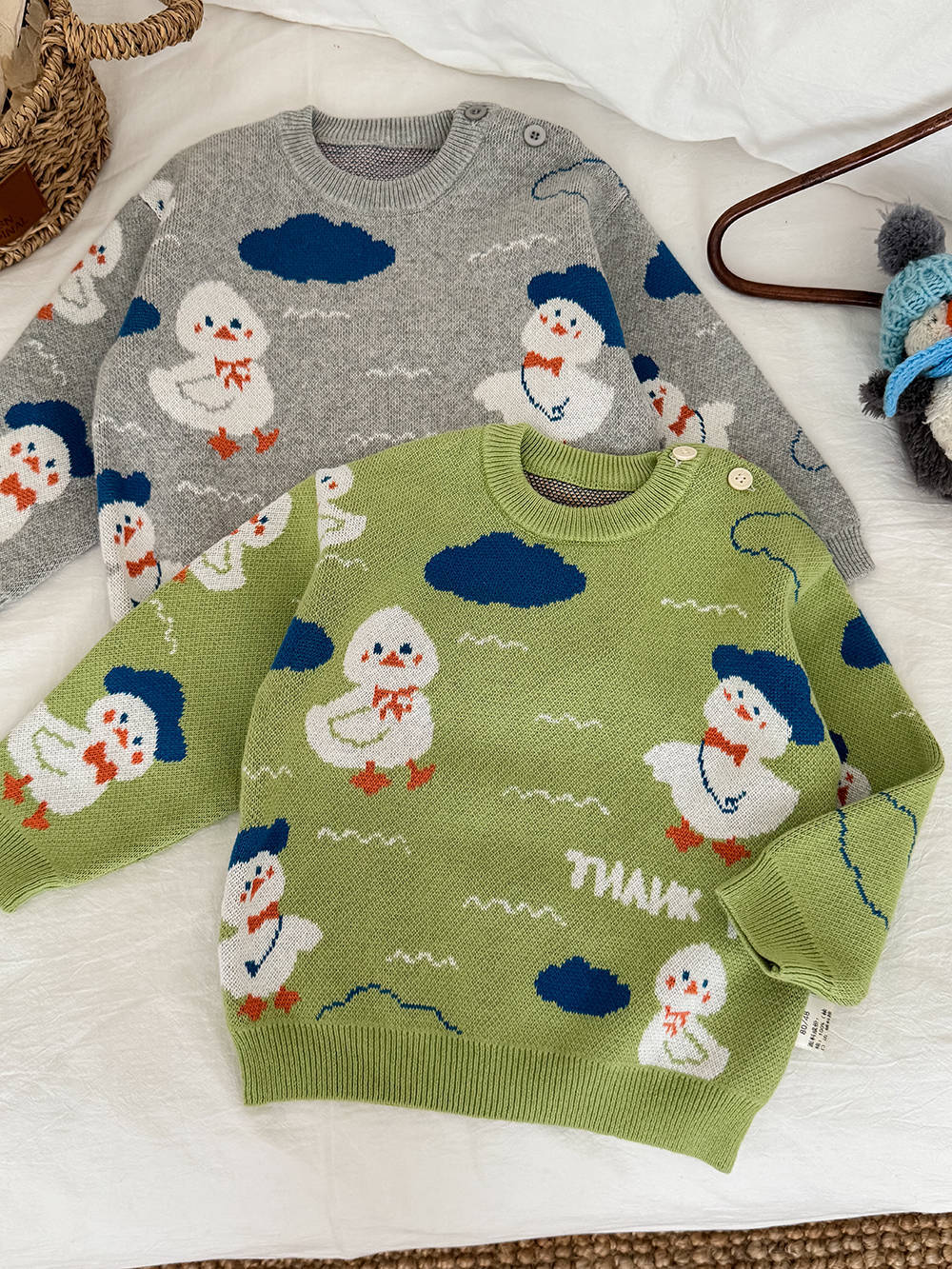 ニット・セーター ニットセーター アヒル柄 厚手 クルーネック コットン ルーズフィット【mh0011690】