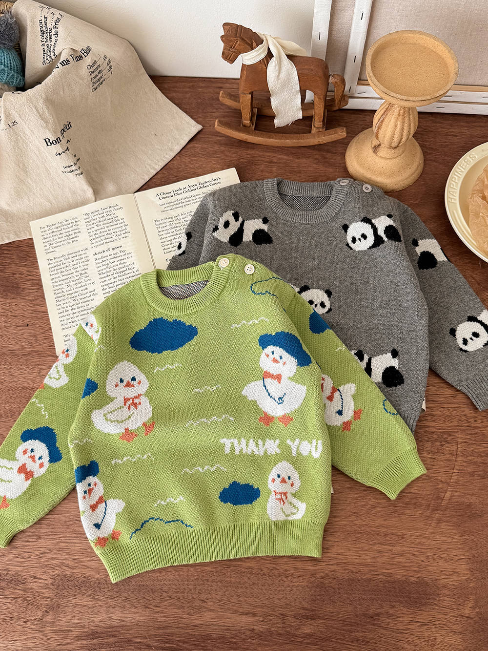 ニット・セーター ニットセーター アヒル柄 厚手 クルーネック コットン ルーズフィット【mh0011690】