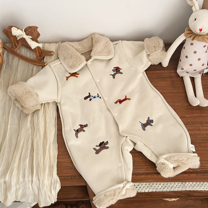 アウタージャンプスーツ アウタージャンプスーツ 犬刺繍 ボア襟 フェイクムートン カバーオール【mh0011694】