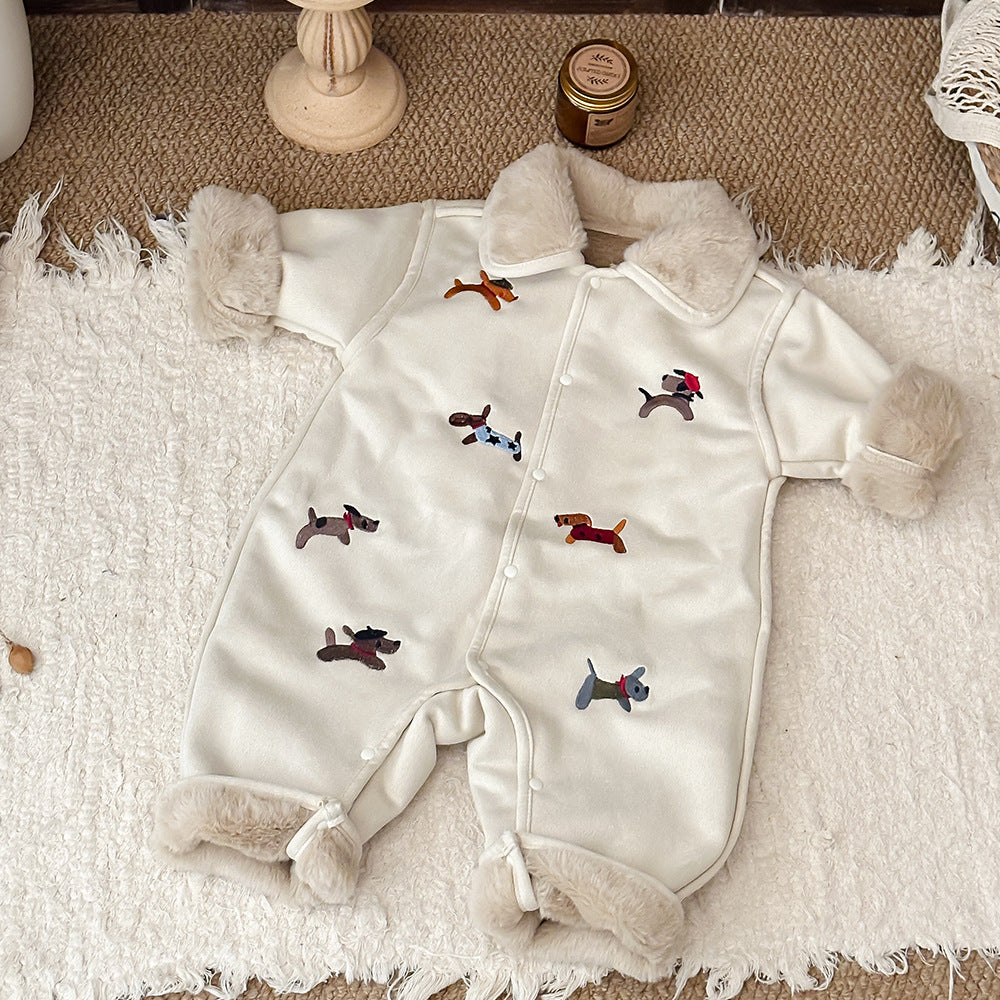 アウタージャンプスーツ アウタージャンプスーツ 犬刺繍 ボア襟 フェイクムートン カバーオール【mh0011694】