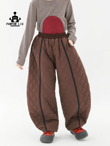 ロングパンツ・スウェットパンツ Pawpaw Liu | Diamond Plaid Brown Cotton Pants ダイヤ柄 コットン ブラウン テーパードパンツ【mh0020082】