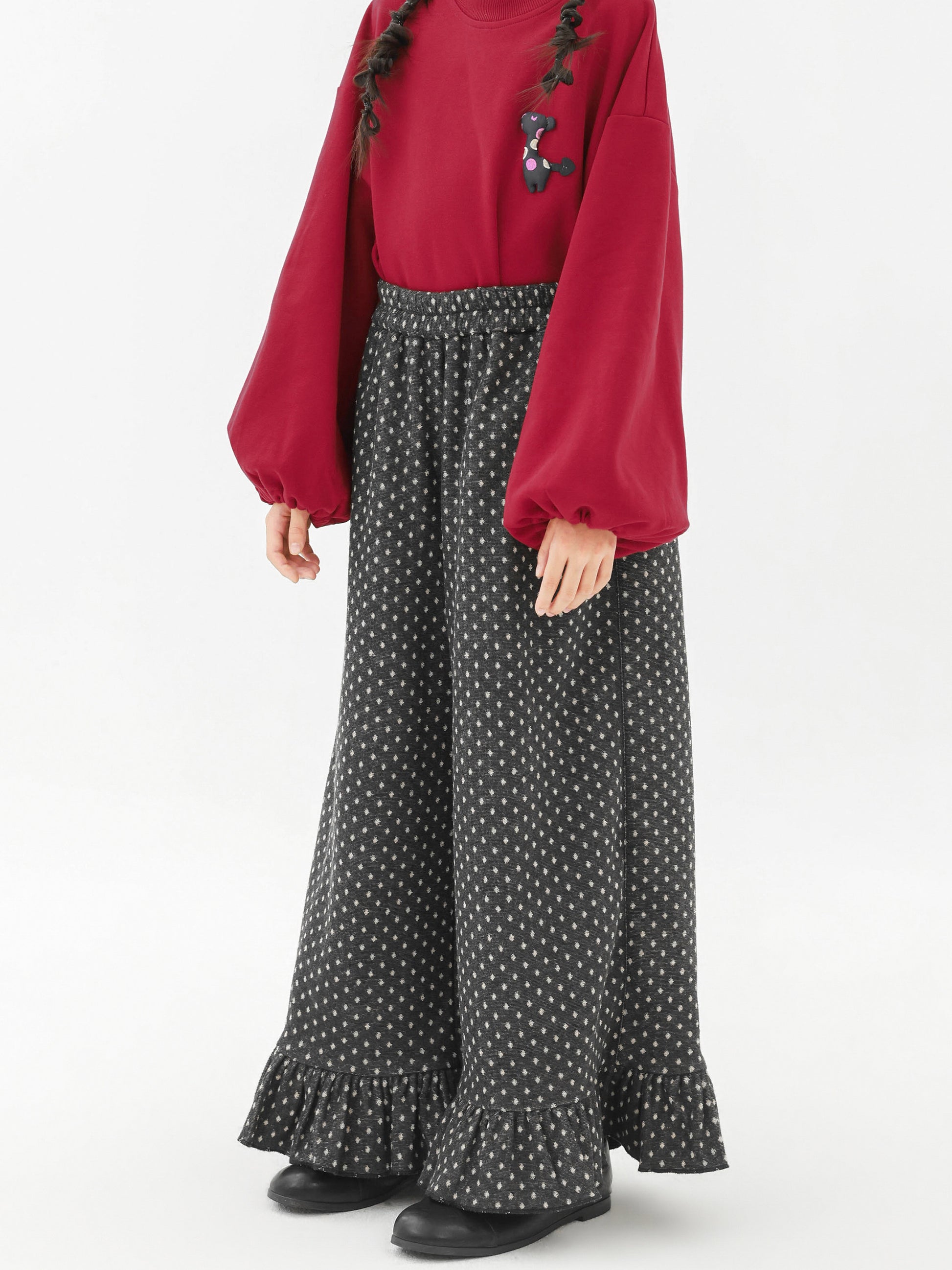 ロングパンツ・スウェットパンツ Pawpaw Liu | Fleece Ruffled Polka Dot Pants フリース ラッフル ドット ワイドパンツ【mh0020068】