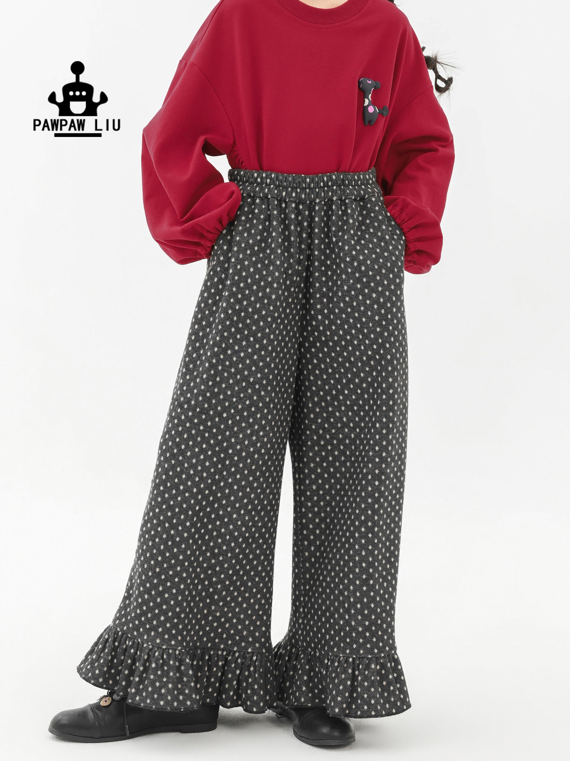 ロングパンツ・スウェットパンツ Pawpaw Liu | Fleece Ruffled Polka Dot Pants フリース ラッフル ドット ワイドパンツ【mh0020068】