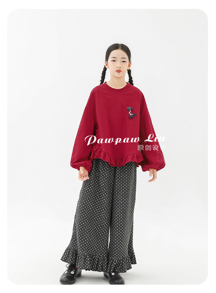 トレーナー・フーディ Pawpaw Liu | Fleece Ruffled Red Pony Sweatshirt ラッフル ポニー スウェット トレーナー【mh0020069】