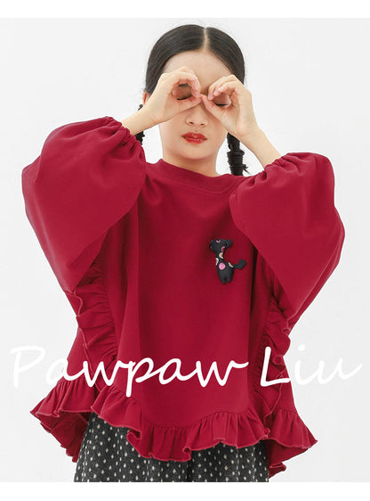 トレーナー・フーディ Pawpaw Liu | Fleece Ruffled Red Pony Sweatshirt ラッフル ポニー スウェット トレーナー【mh0020069】