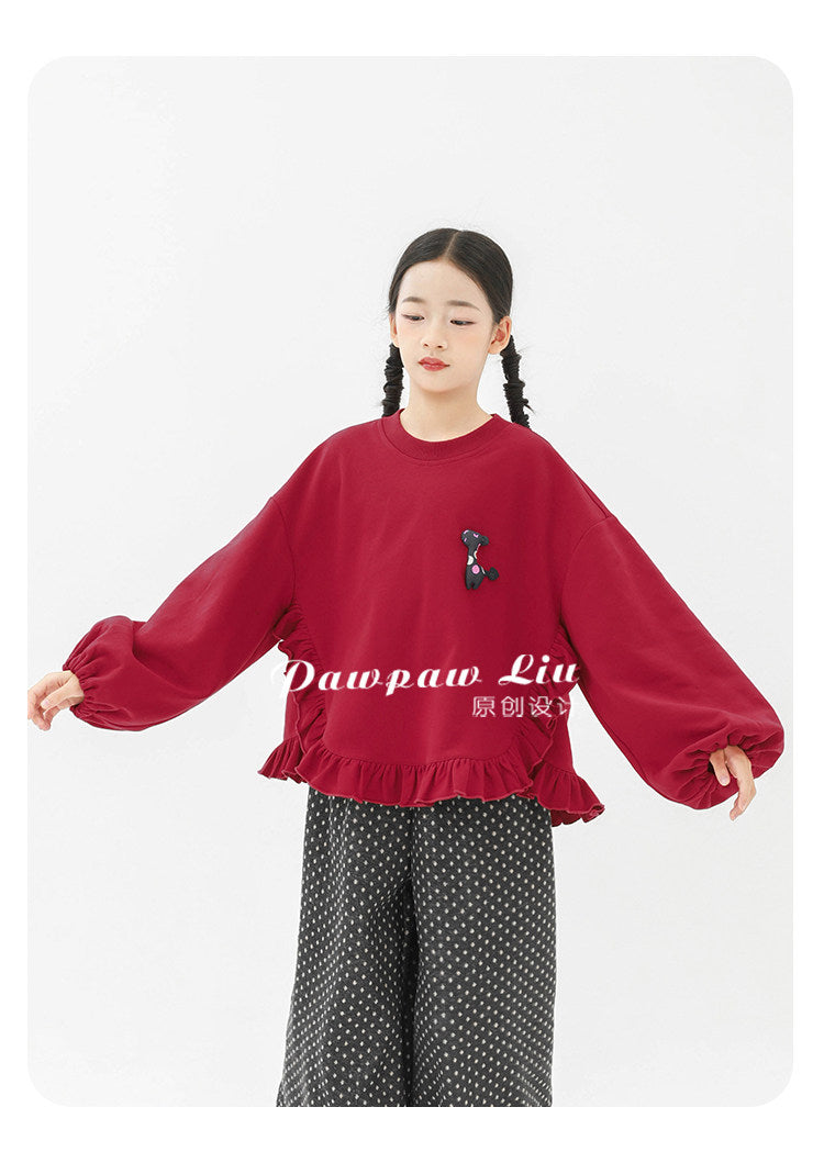 トレーナー・フーディ Pawpaw Liu | Fleece Ruffled Red Pony Sweatshirt ラッフル ポニー スウェット トレーナー【mh0020069】
