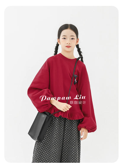 トレーナー・フーディ Pawpaw Liu | Fleece Ruffled Red Pony Sweatshirt ラッフル ポニー スウェット トレーナー【mh0020069】