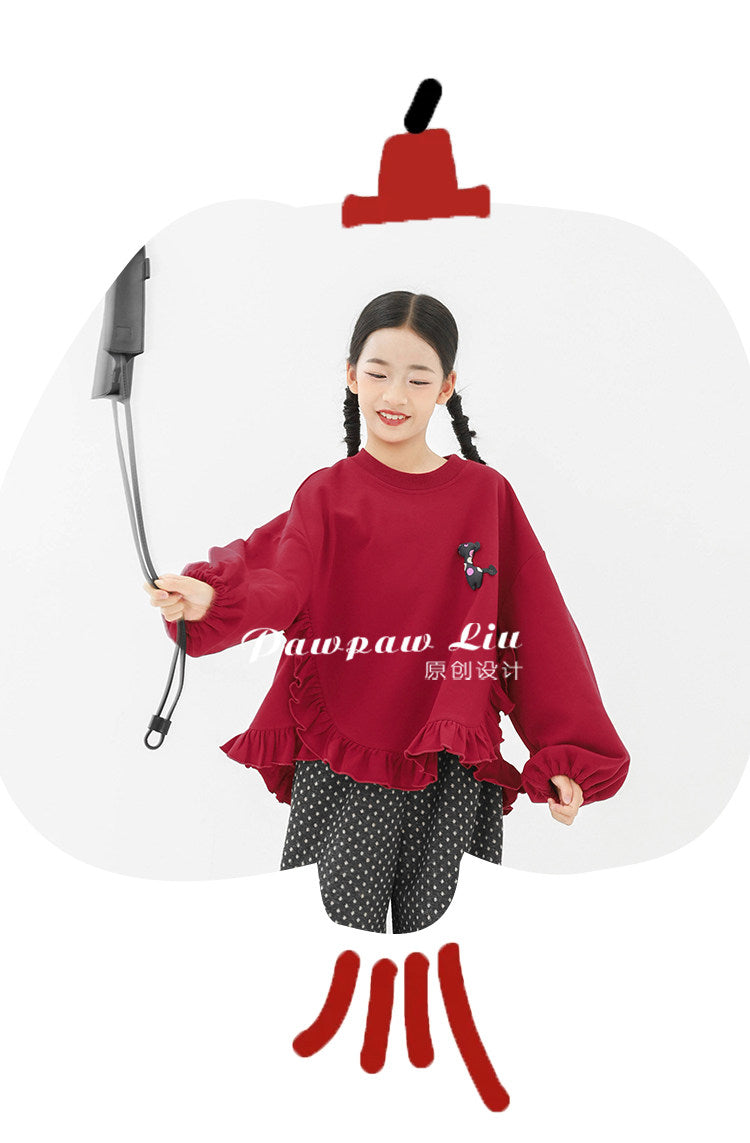 トレーナー・フーディ Pawpaw Liu | Fleece Ruffled Red Pony Sweatshirt ラッフル ポニー スウェット トレーナー【mh0020069】