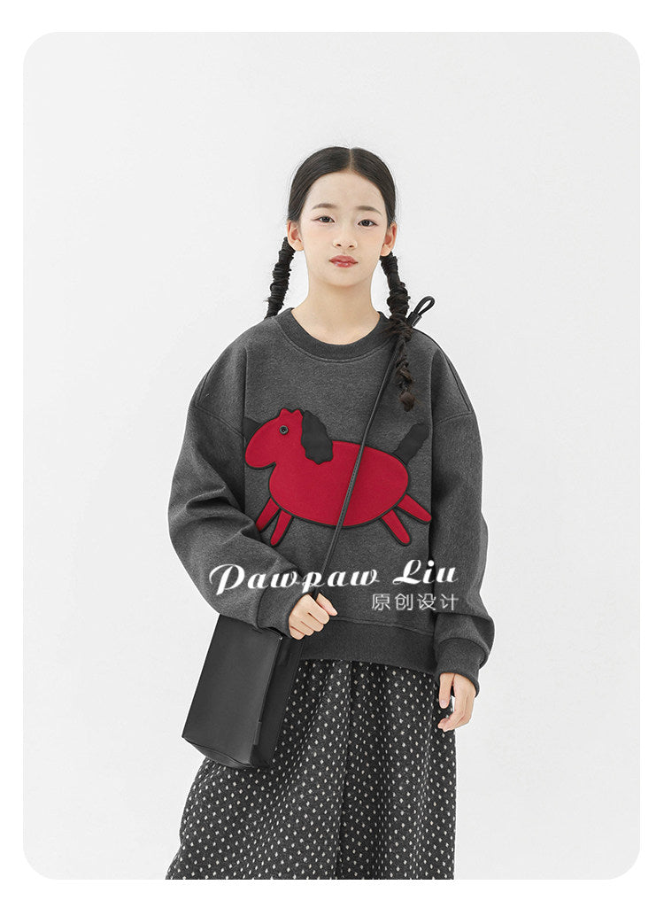 トレーナー・フーディ Pawpaw Liu | Horse Graphic Fleece Sweatshirt ホースプリント裏起毛トレーナー【mh0020067】