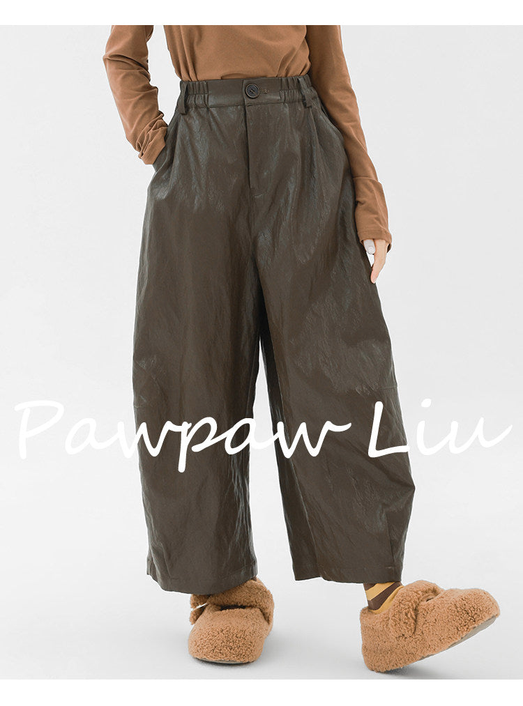 ロングパンツ・スウェットパンツ Pawpaw Liu | Retro Coffee PU Leather Pants レトロフェイクレザーロングパンツ【mh0020066】