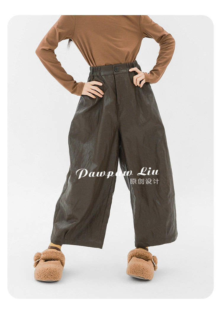 ロングパンツ・スウェットパンツ Pawpaw Liu | Retro Coffee PU Leather Pants レトロフェイクレザーロングパンツ【mh0020066】