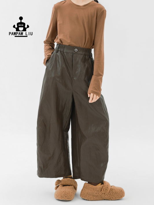 ロングパンツ・スウェットパンツ Pawpaw Liu | Retro Coffee PU Leather Pants レトロフェイクレザーロングパンツ【mh0020066】