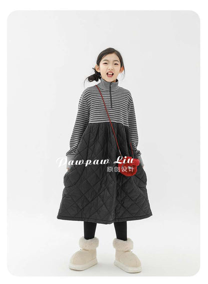 長袖ワンピース Pawpaw Liu | Striped Patchwork Cotton Dress ストライプ パッチワーク コットン ワンピース【mh0020076】