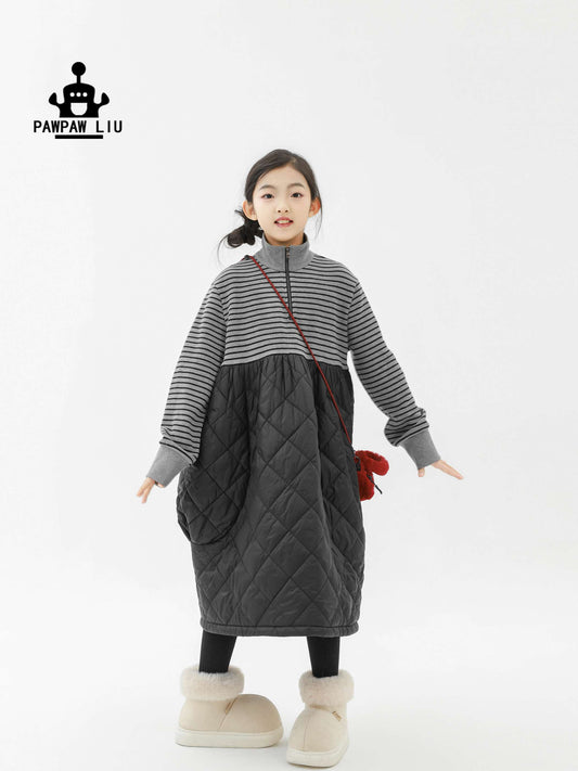 長袖ワンピース Pawpaw Liu | Striped Patchwork Cotton Dress ストライプ パッチワーク コットン ワンピース【mh0020076】