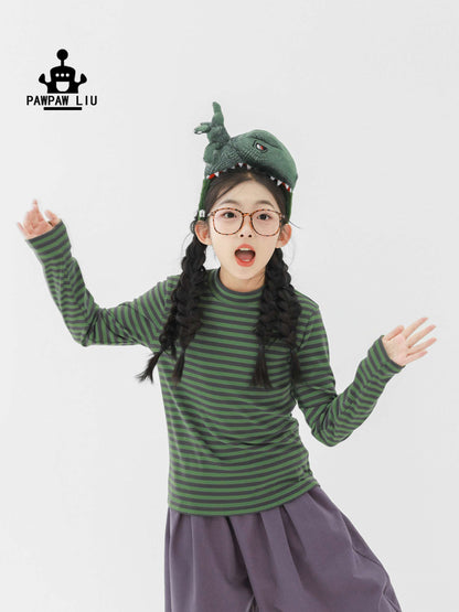 長袖Tシャツ Pawpaw Liu | Blue Green Striped Base Shirt ブルーグリーン ボーダー 長袖 トップス【mh0020074】